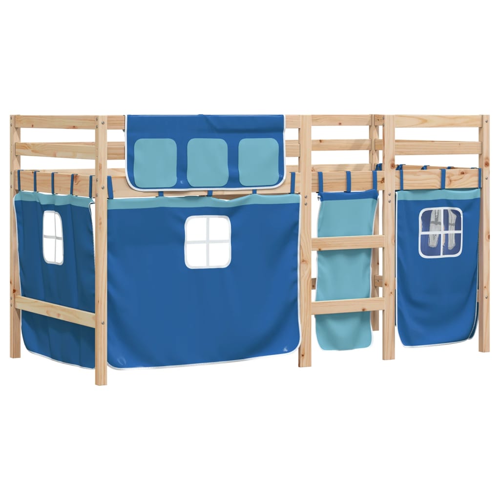 Children's loft bed with curtains blue 90x200 cm solid pine wood