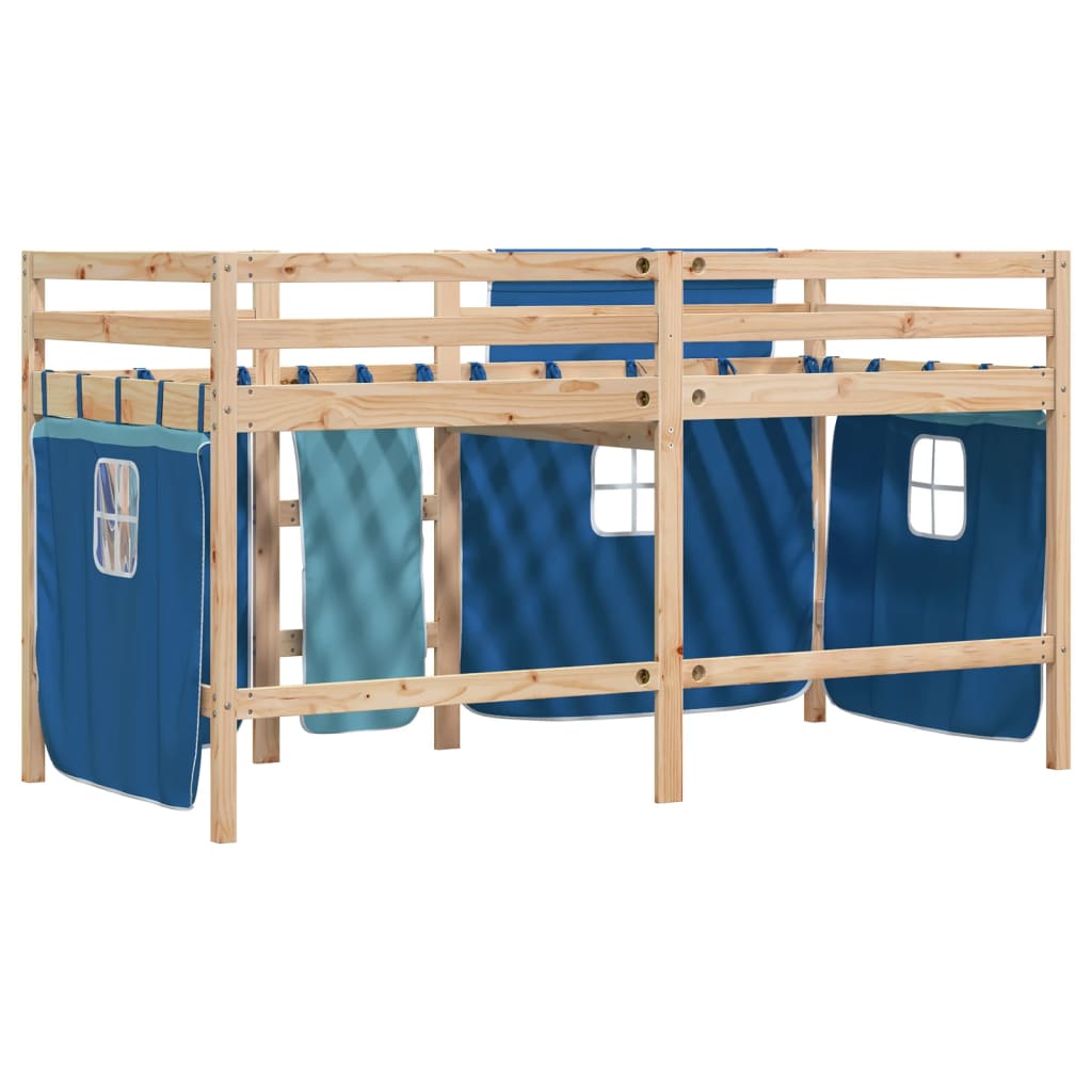 Children's loft bed with curtains blue 90x200 cm solid pine wood