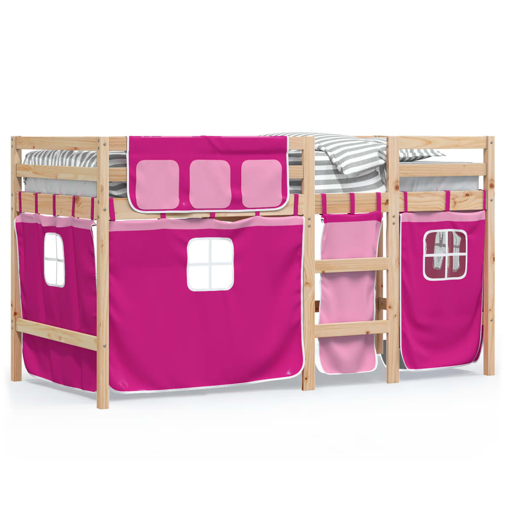Children's loft bed with curtains pink 90x200 cm solid pine wood