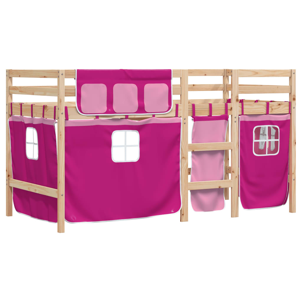 Children's loft bed with curtains pink 90x200 cm solid pine wood