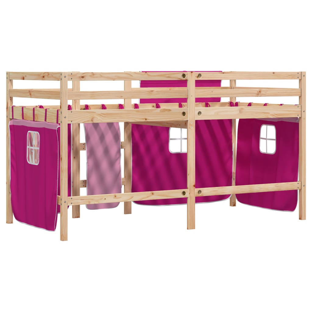 Children's loft bed with curtains pink 90x200 cm solid pine wood