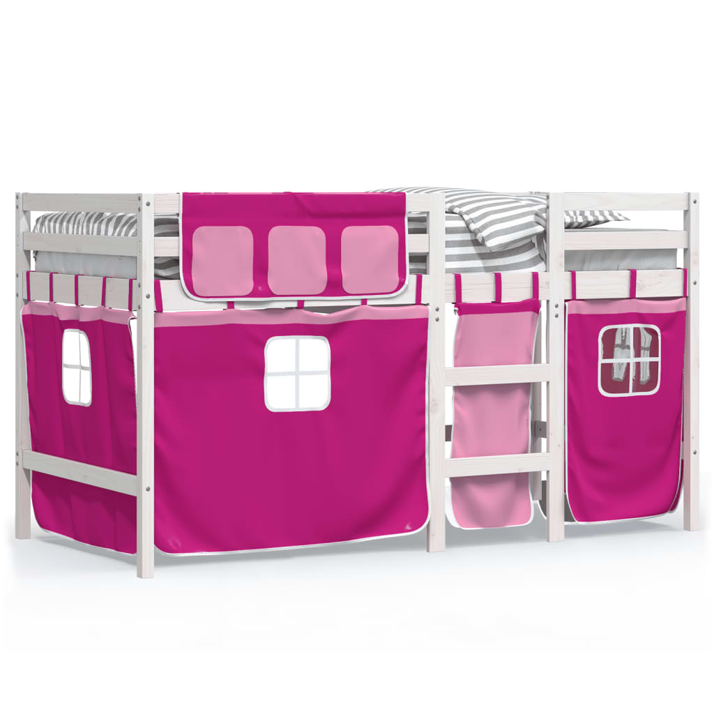 Children's loft bed with curtains pink 90x190 cm solid pine wood