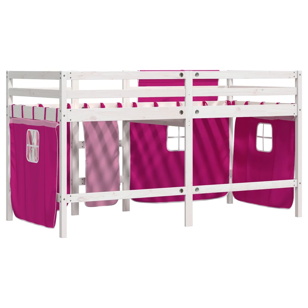 Children's loft bed with curtains pink 90x190 cm solid pine wood