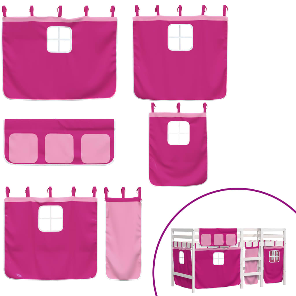 Children's loft bed with curtains pink 90x190 cm solid pine wood