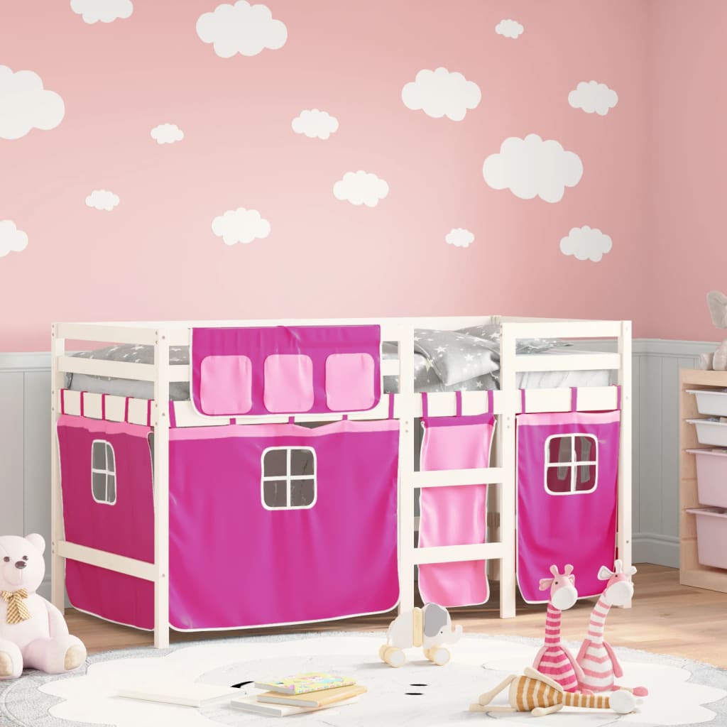 Children's loft bed with curtains pink 90x190 cm solid pine wood