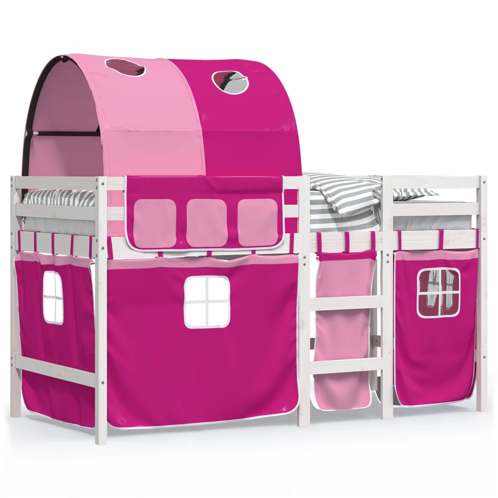 Lit mezzanine enfant avec tunnel rose 90x190 cm en pin massif