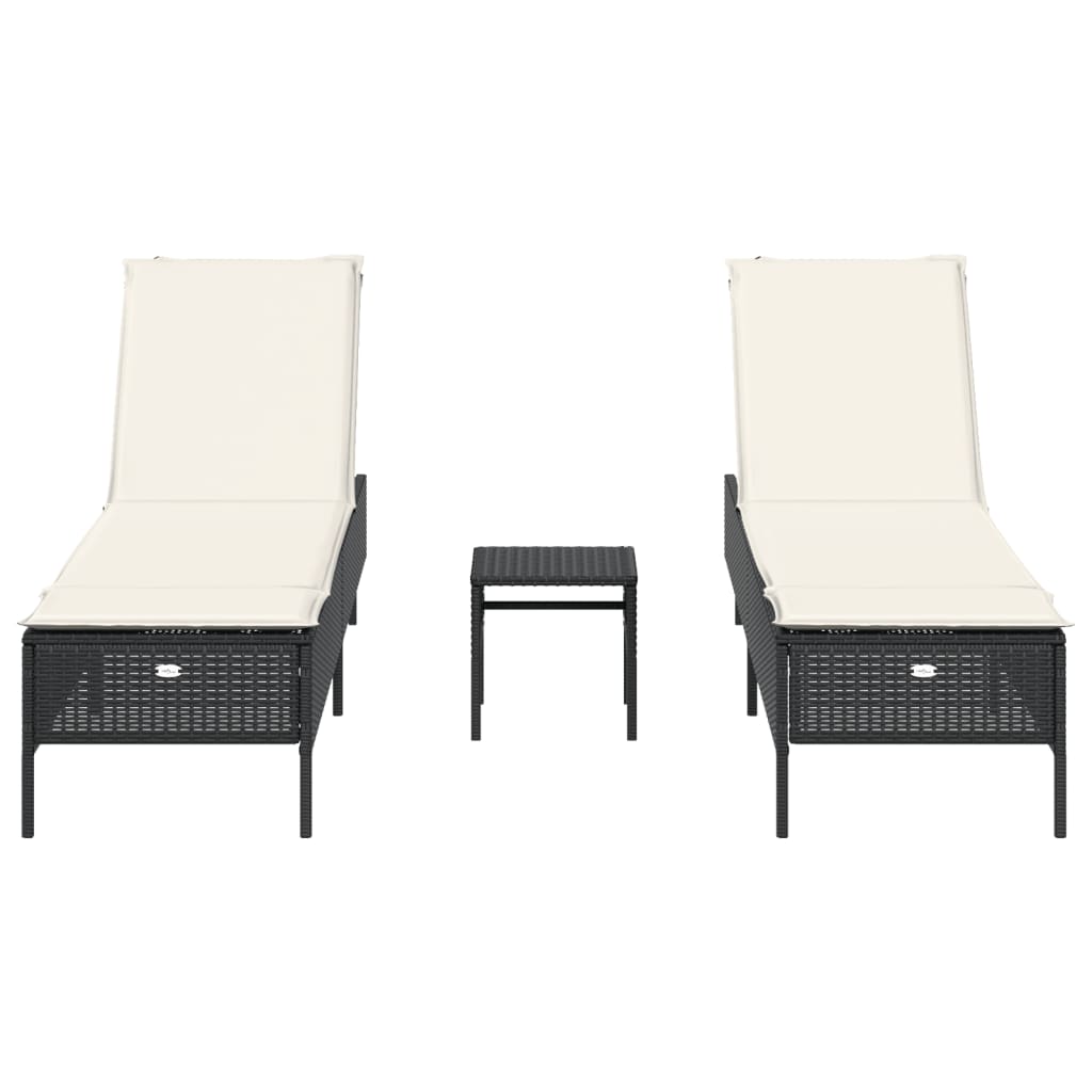 3-piece sun lounger set with cushion, black poly rattan
