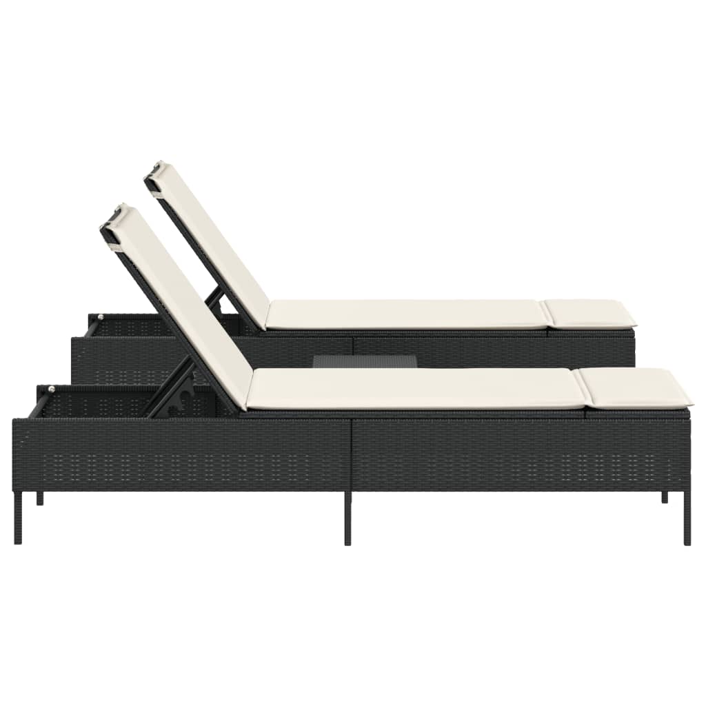 3-piece sun lounger set with cushion, black poly rattan