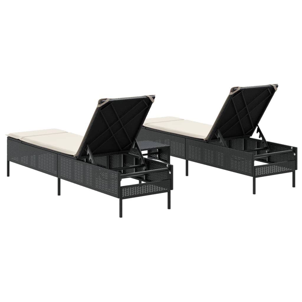 3-piece sun lounger set with cushion, black poly rattan