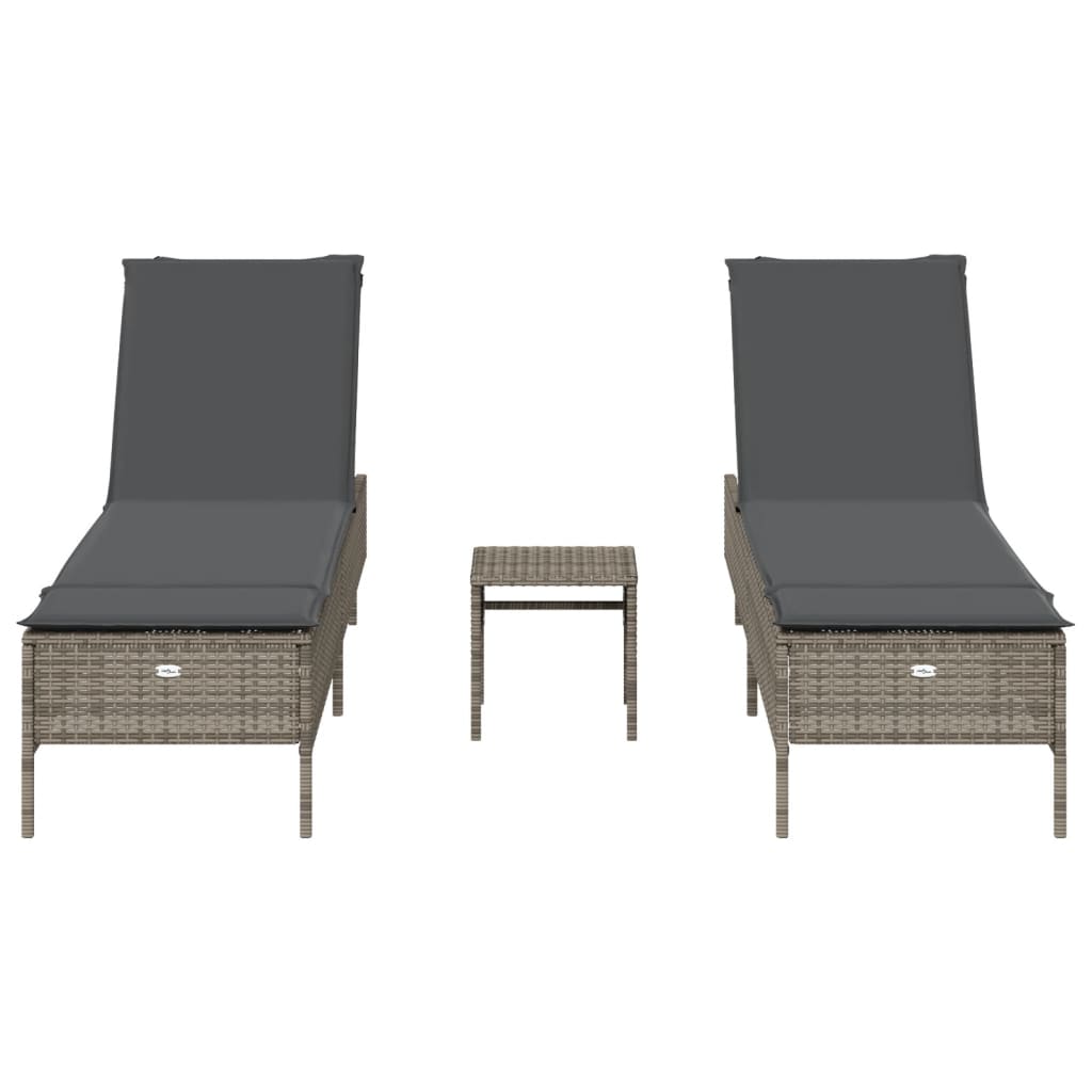 3-piece sun lounger set with cushion, grey poly rattan