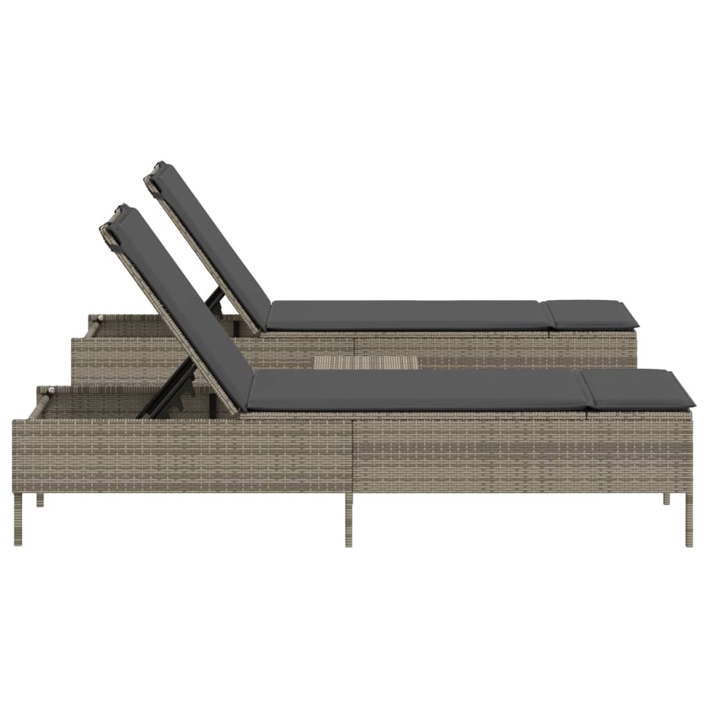 3-piece sun lounger set with cushion, grey poly rattan