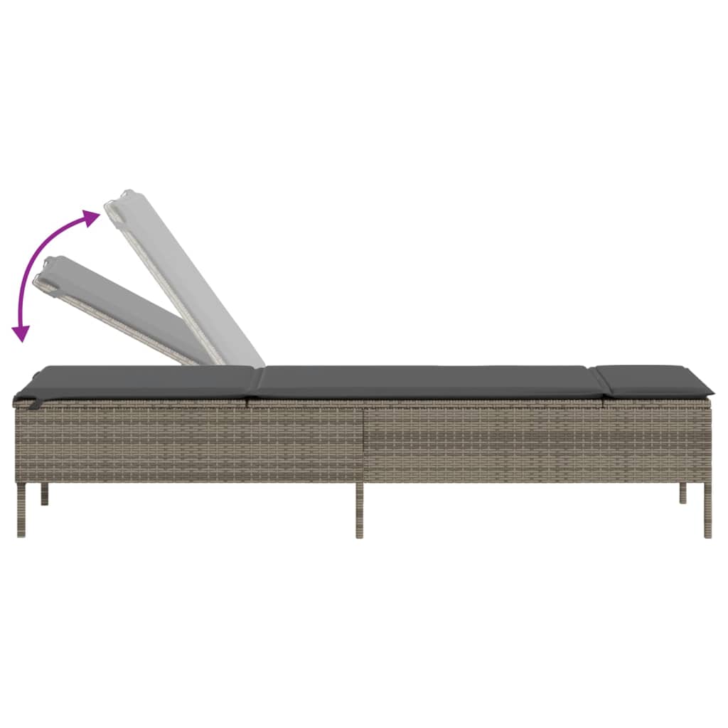 3-piece sun lounger set with cushion, grey poly rattan
