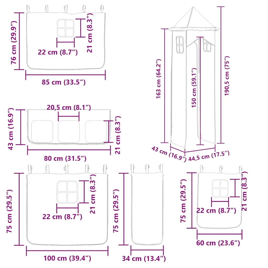 Etagenbett mit Rutsche und Gardinen Rosa 90x200 cm