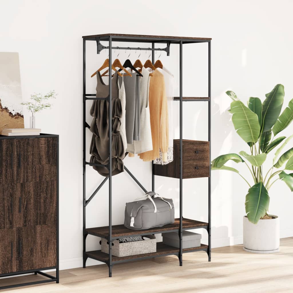 Clothes rack with shelves brown oak look wood material