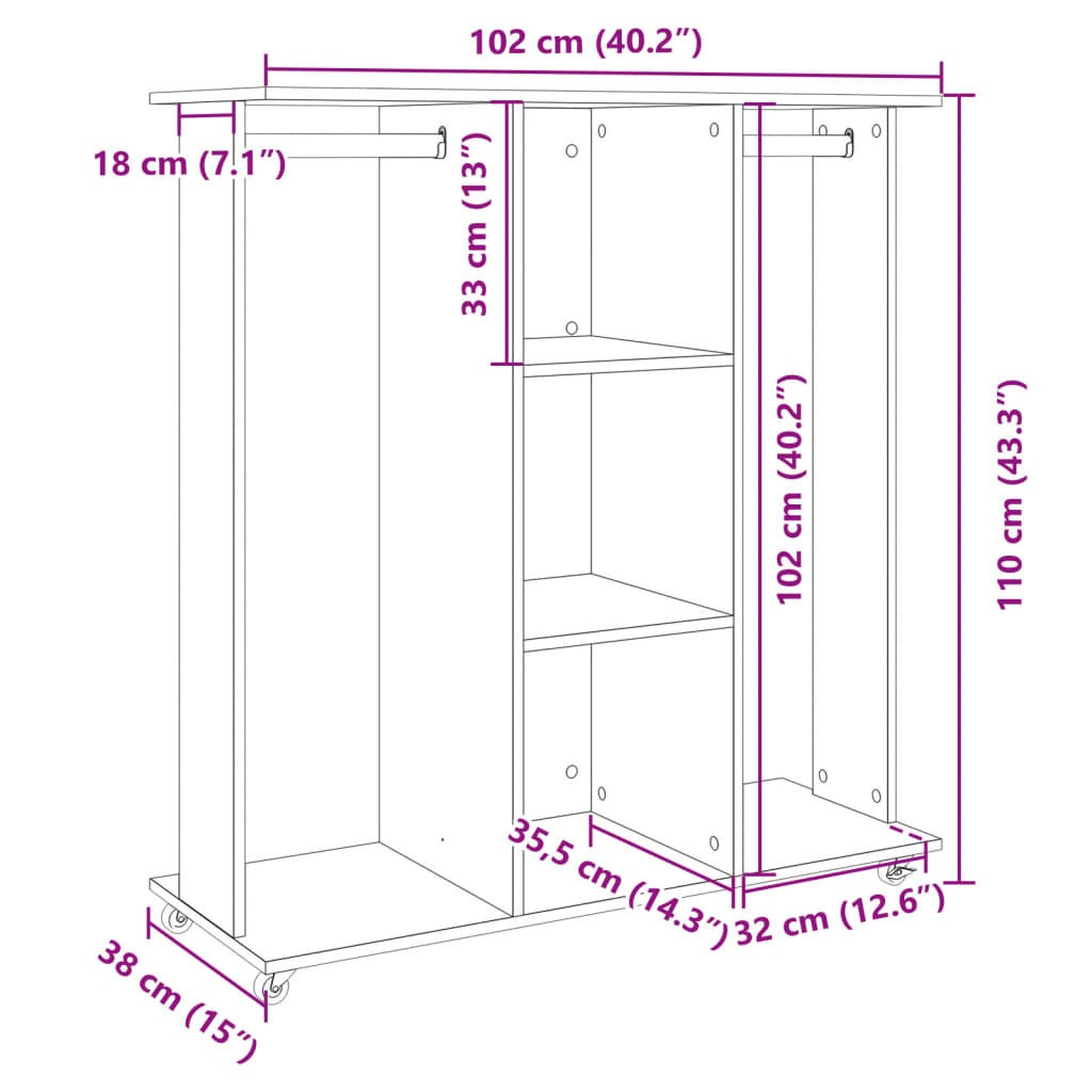 Clothes Rack with Wheels Black 102x38x110 cm Wood Material