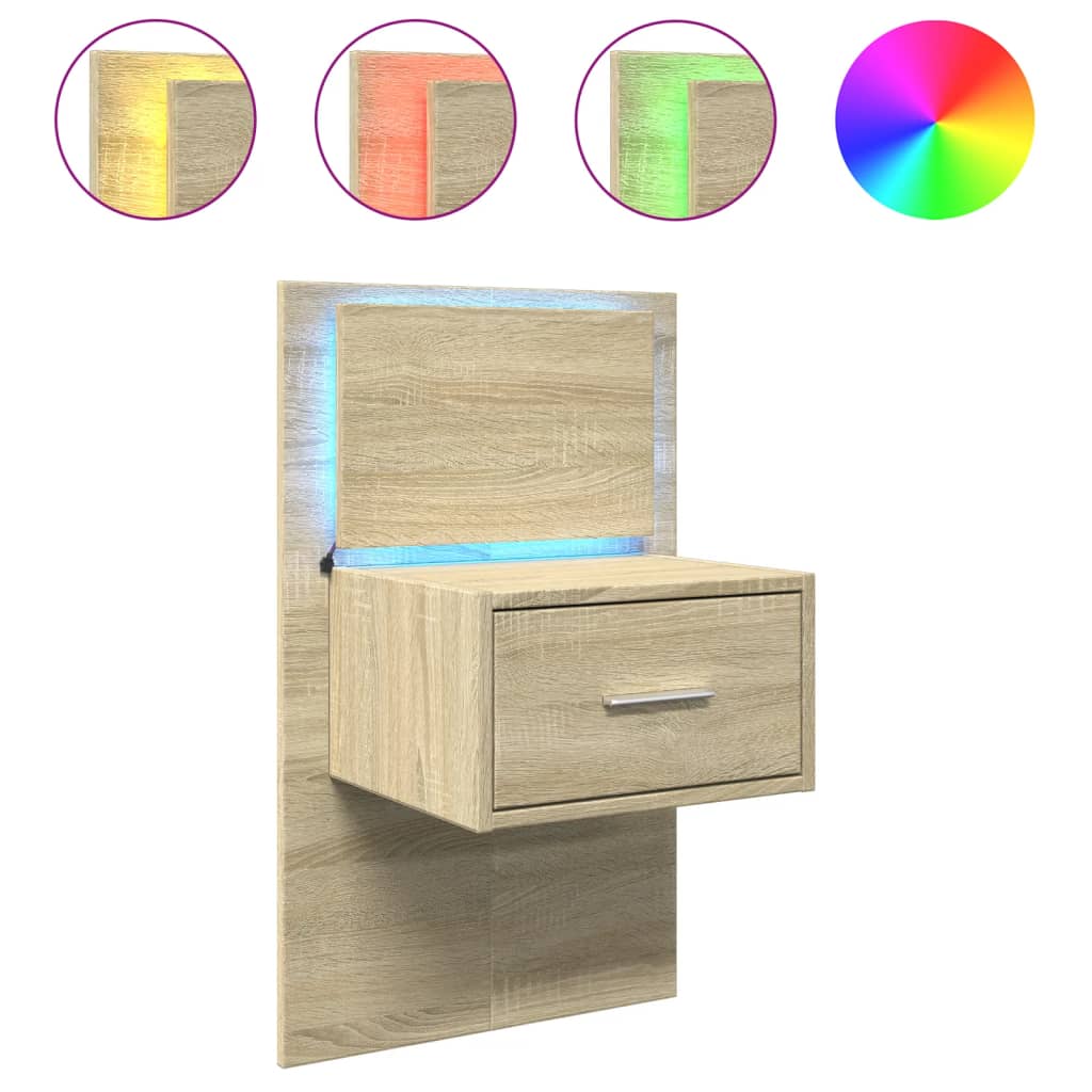 Wall-mounted bedside table with LED lights Sonoma oak