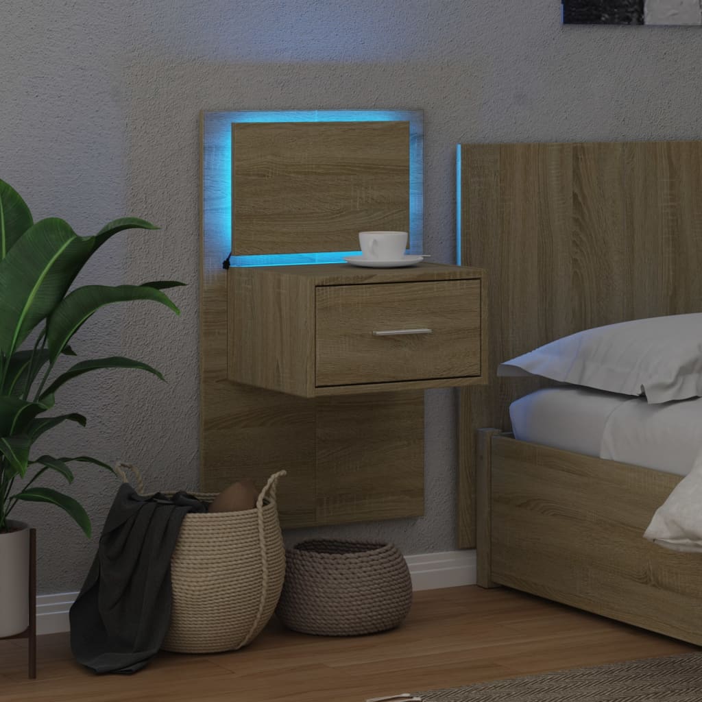 Wall-mounted bedside table with LED lights Sonoma oak