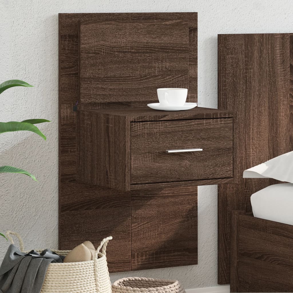 Wall-mounted bedside table with LED lights brown oak look