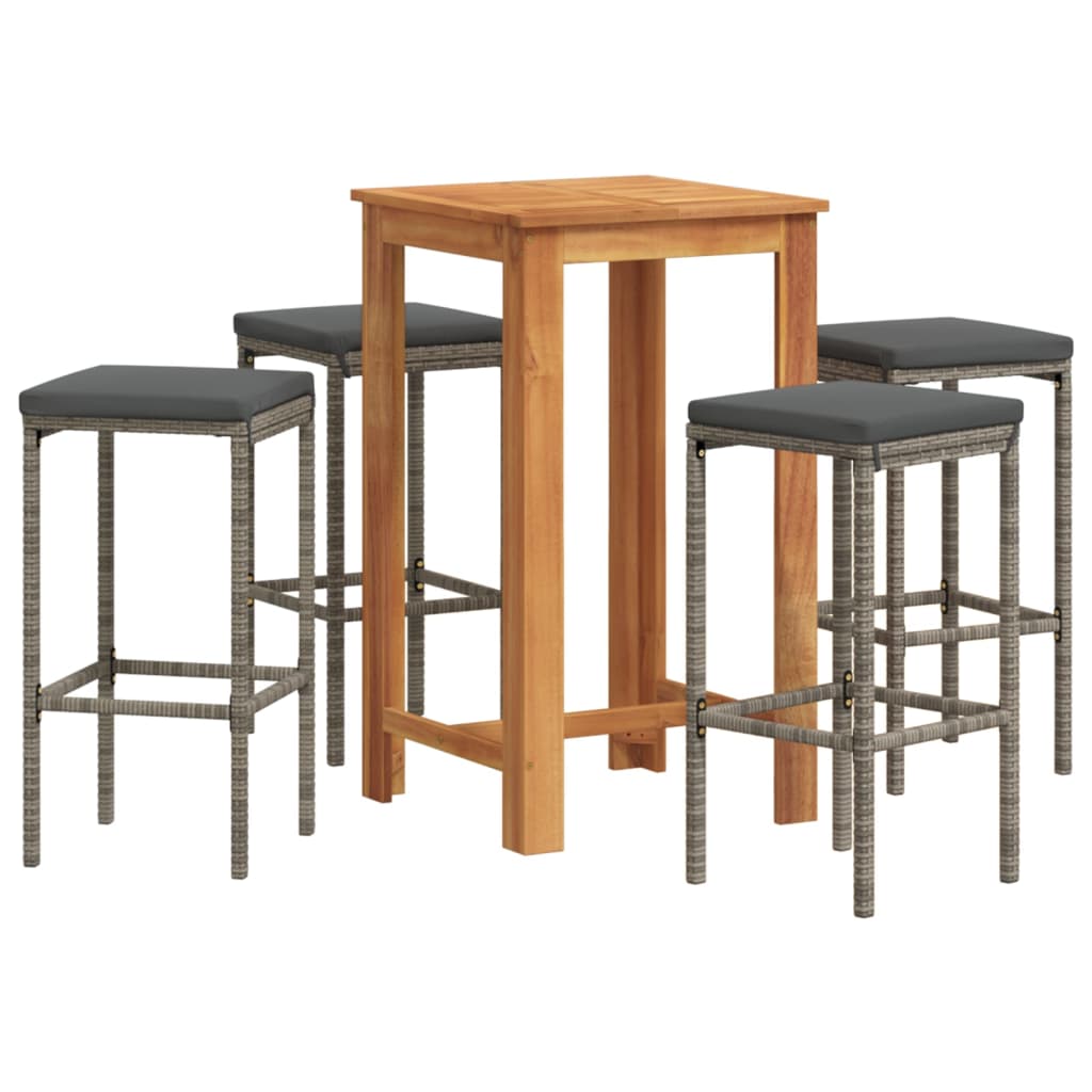 Ensemble de bar de jardin 5 pièces en bois d'acacia massif gris et polyrotin