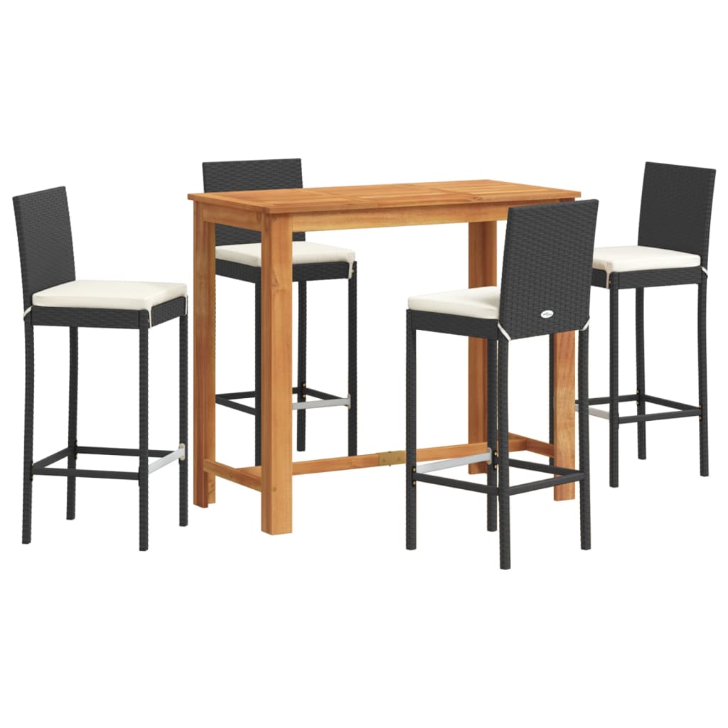 Ensemble de bar de jardin 5 pièces en bois d'acacia massif noir et polyrotin