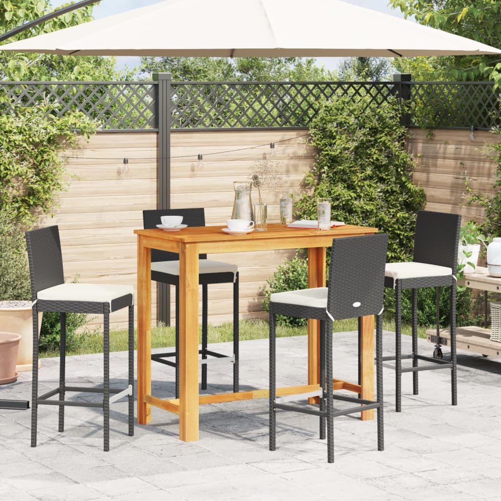 Ensemble de bar de jardin 5 pièces en bois d'acacia massif noir et polyrotin