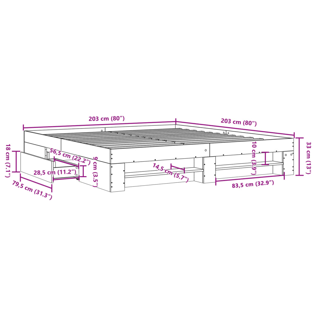 Bed frame concrete grey 200x200 cm wood material