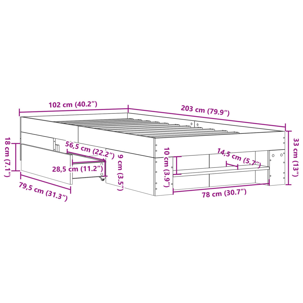 Bed frame concrete grey 100x200 cm wood material