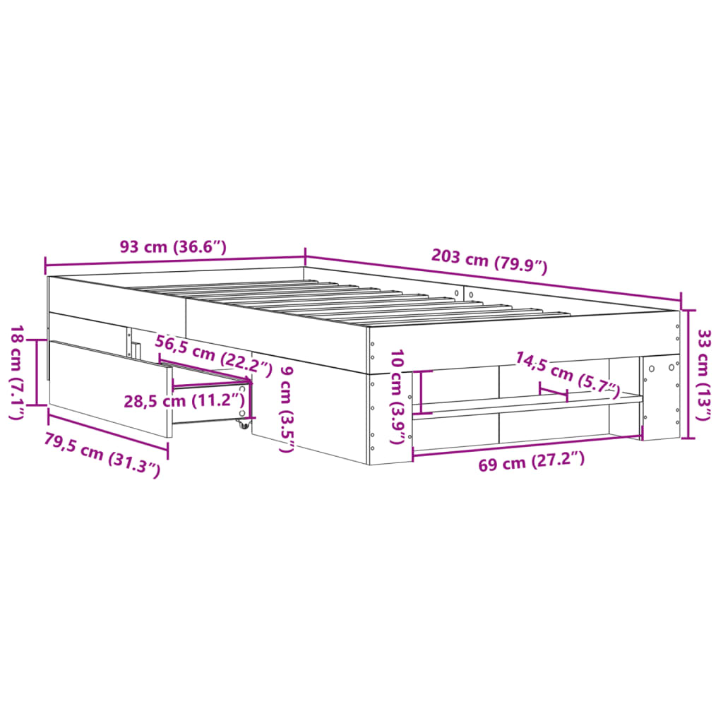Bed frame concrete grey 90x200 cm wood material