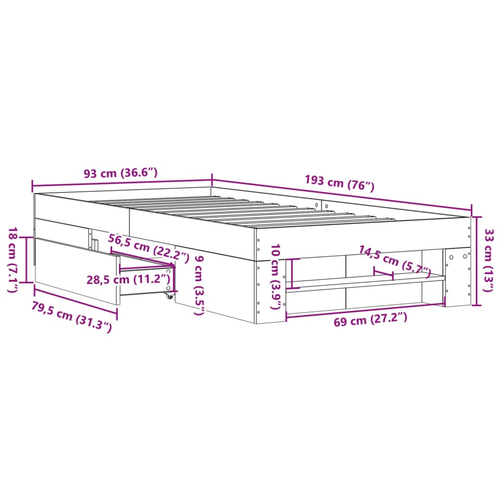 Bed frame concrete grey 90x190 cm wood material