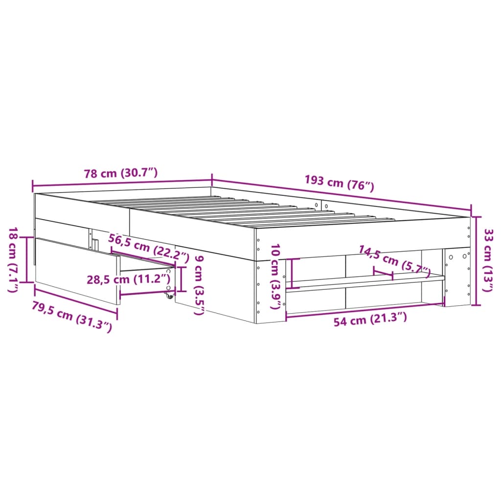 Bed frame concrete grey 75x190 cm wood material