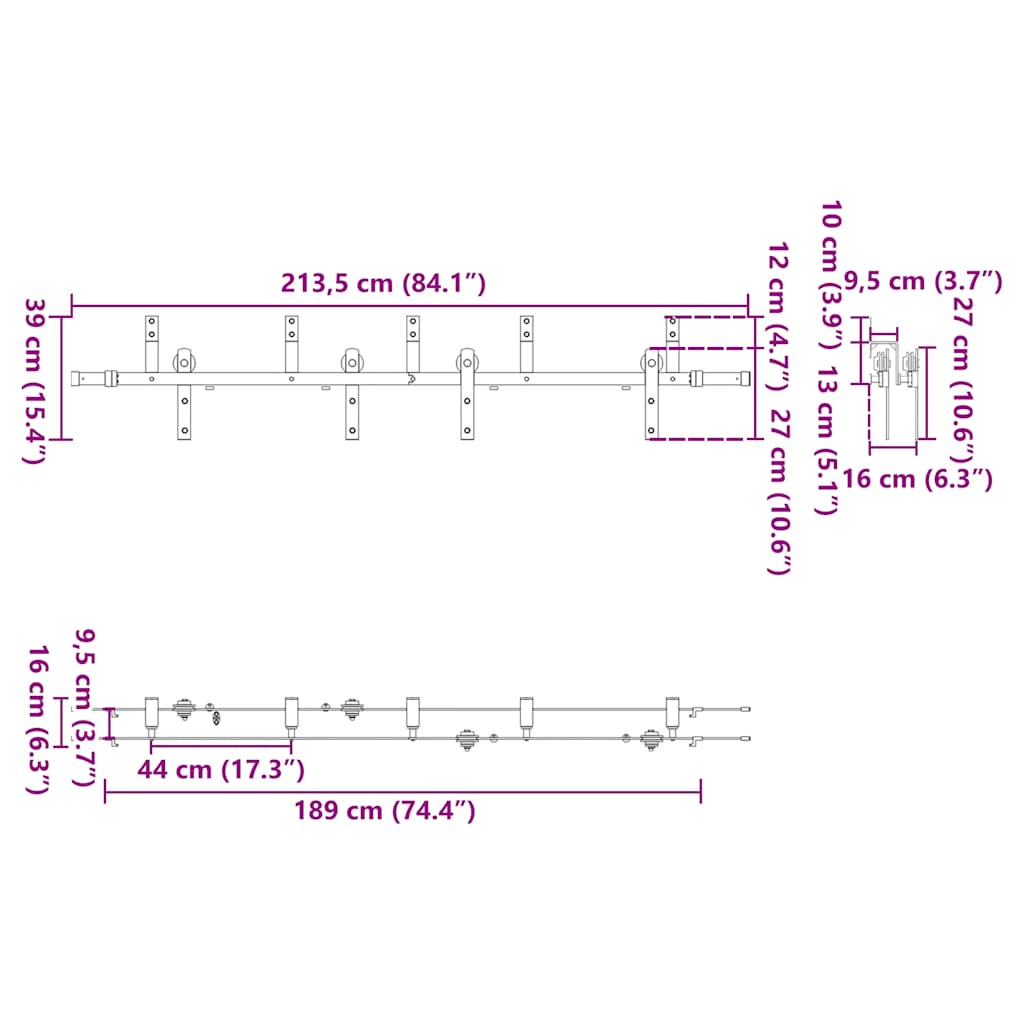 Schiebetürbeschlag-Set 213,5 cm Stahl Schwarz