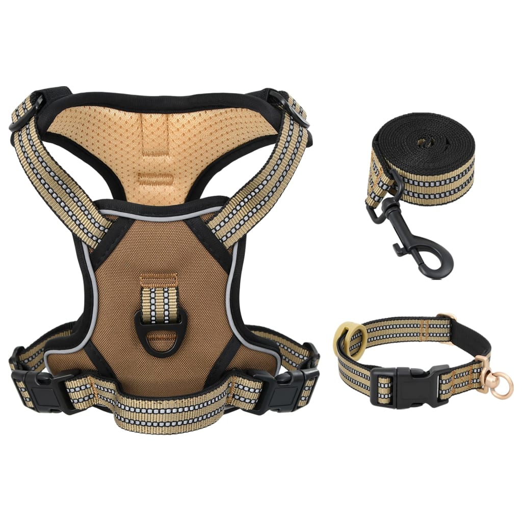 Dog Harness with Leash & Collar Adjustable Brown M