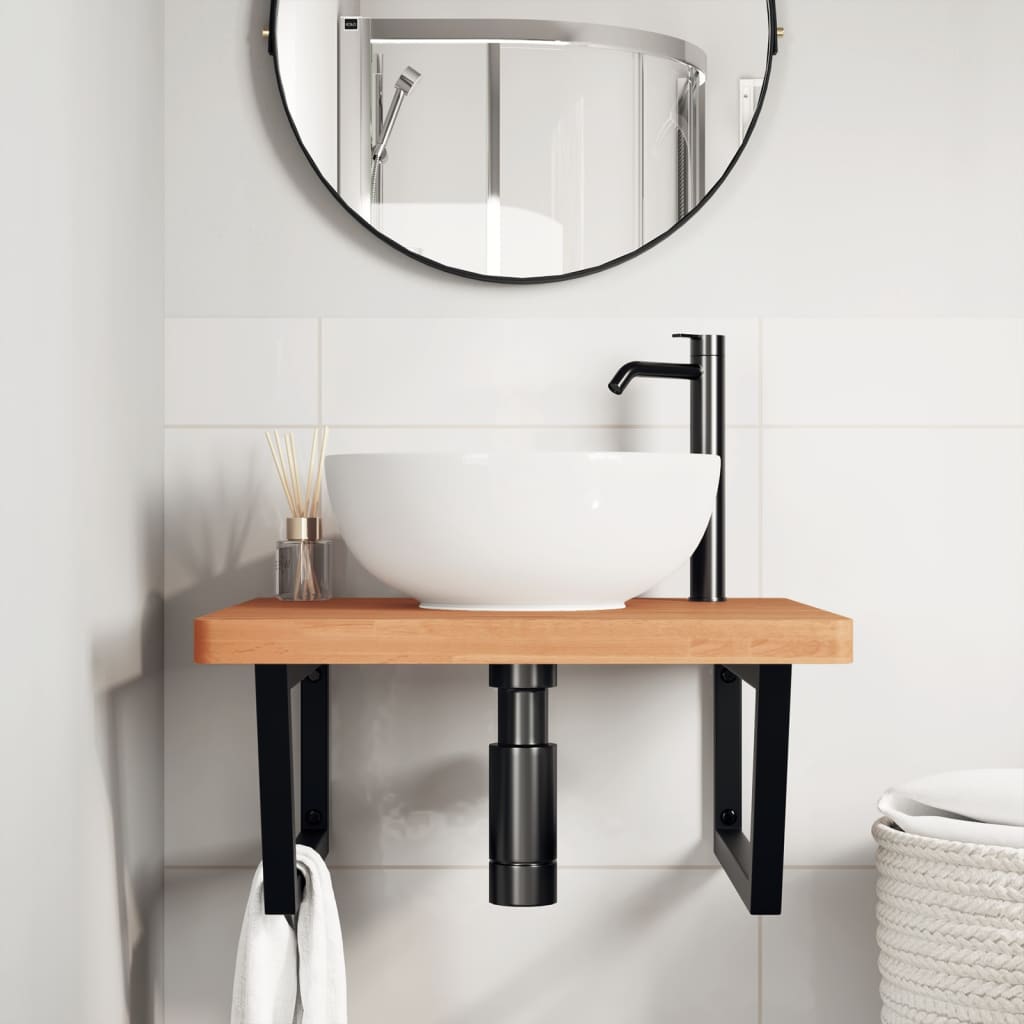 Waschbeckenregal Wandmontage Stahl und Massivholz Buche
