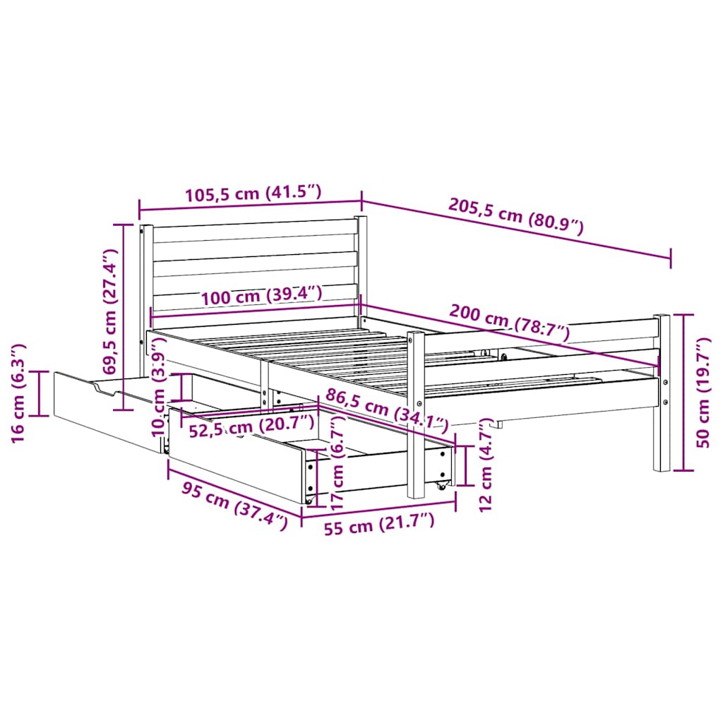 Massivholzbett ohne Matratze Weiß 100x200 cm Kiefernholz