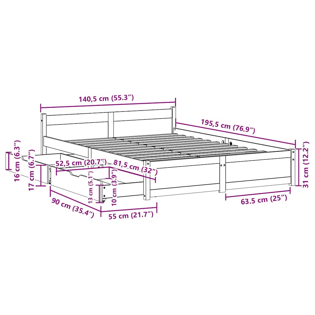 Massivholzbett ohne Matratze 135x190 cm Kiefernholz