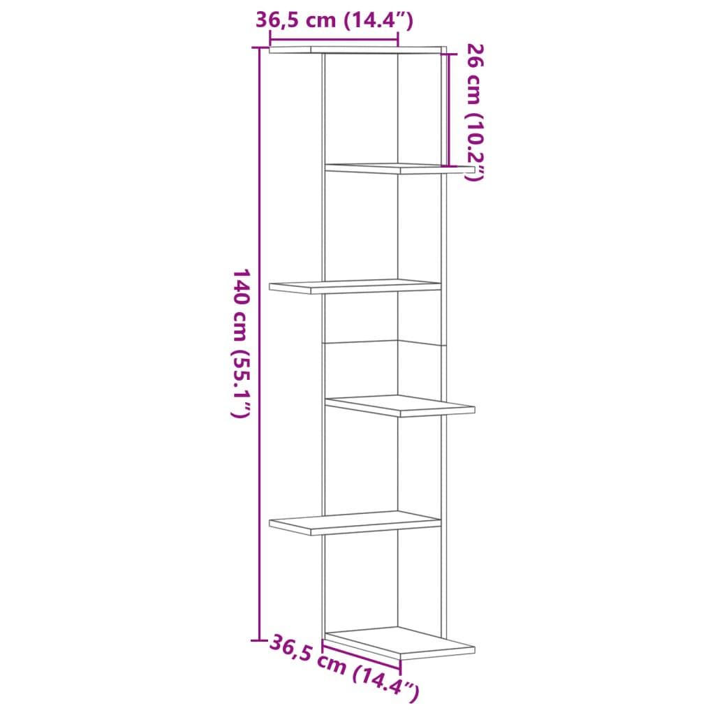 Wall Corner Shelf Brown Oak Look 36.5x36.5x140 cm Wood Material