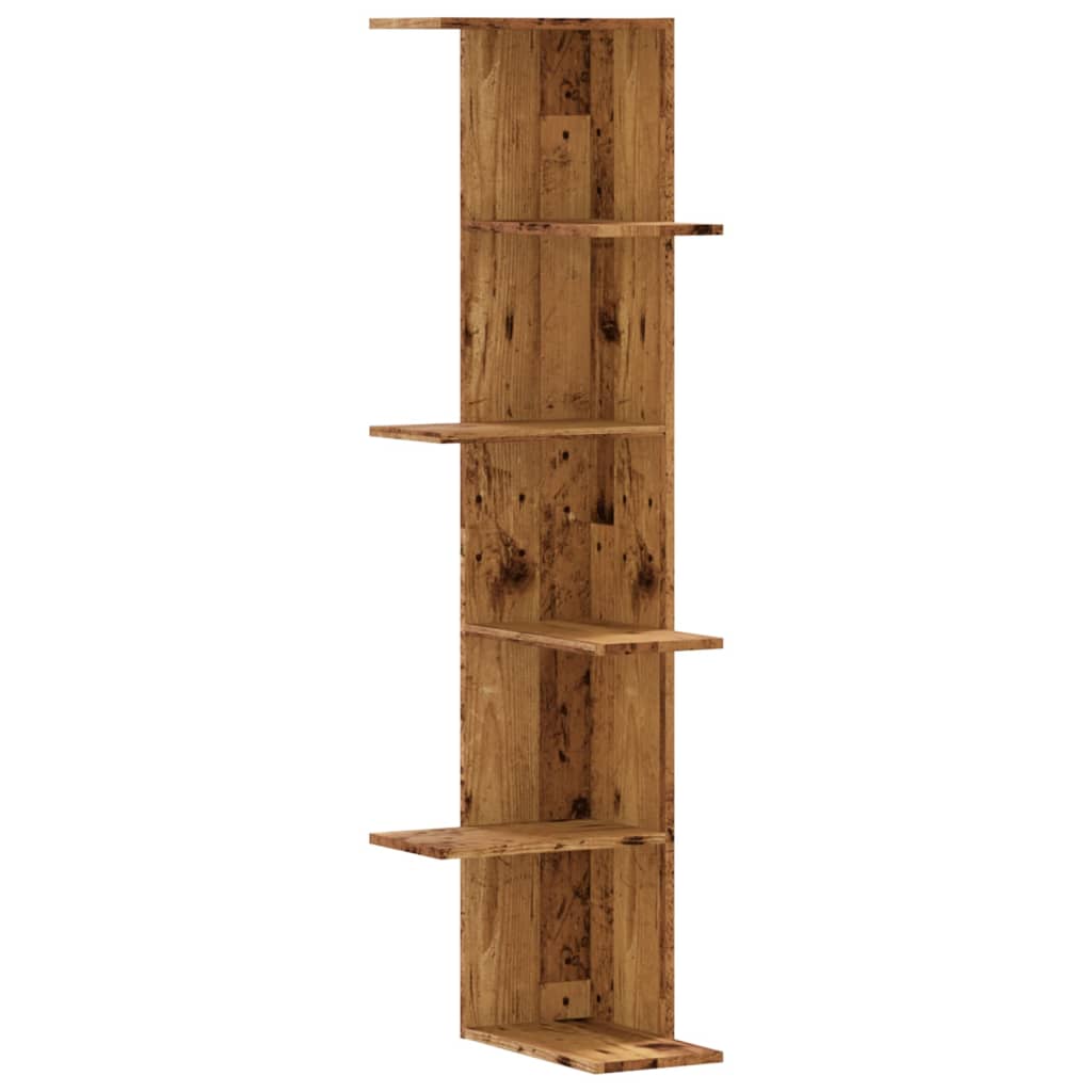 Étagère d'angle murale aspect bois de récupération 36,5x36,5x140 cm en matériau bois