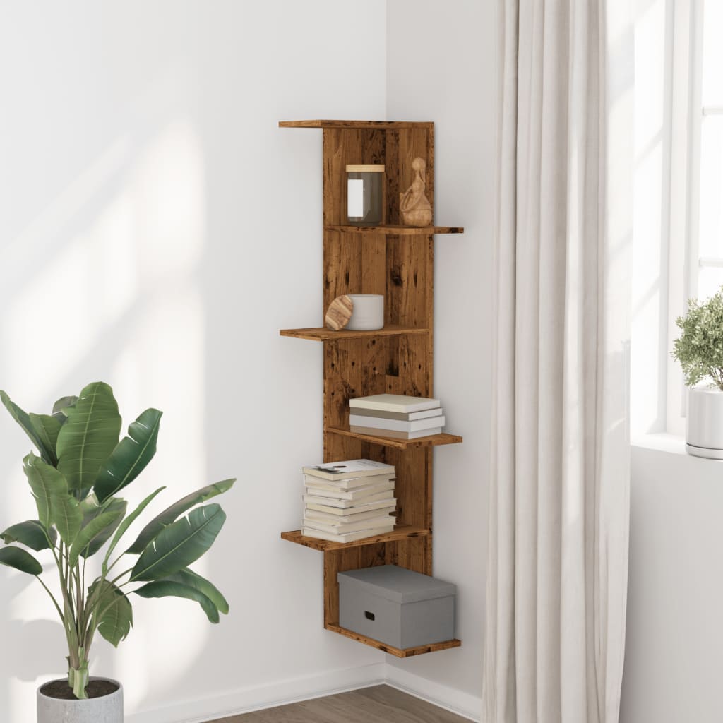 Étagère d'angle murale aspect bois de récupération 36,5x36,5x140 cm en matériau bois