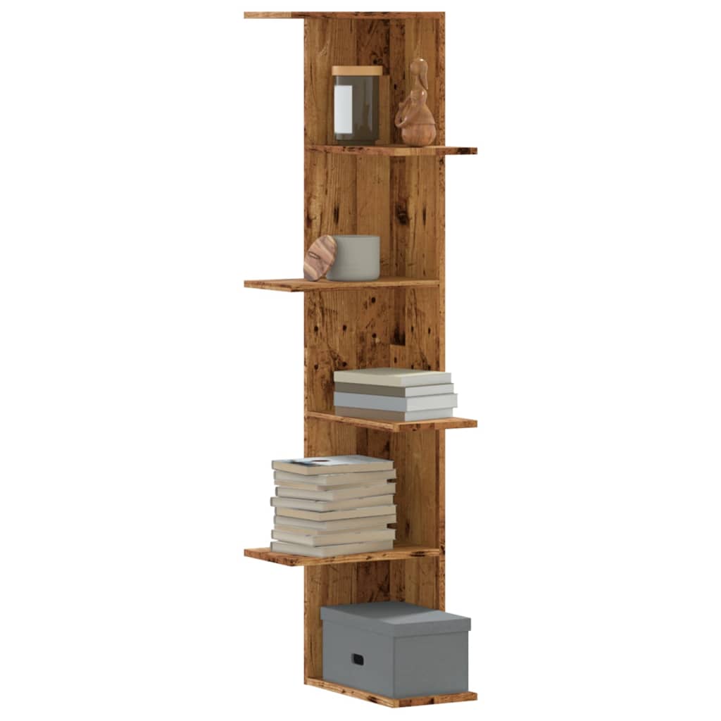 Étagère d'angle murale aspect bois de récupération 36,5x36,5x140 cm en matériau bois