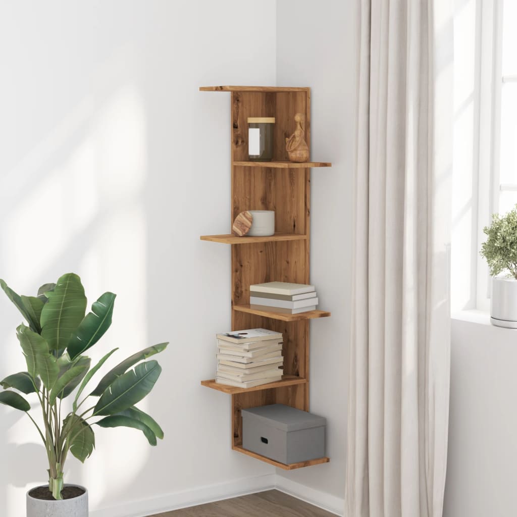 Etagère d'angle murale Chêne artisanal 36,5x36,5x140 cm matière bois