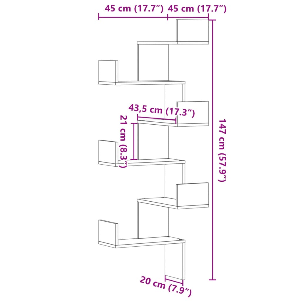 Wall Corner Shelf Brown Oak Look 45x45x147 cm Wood Material