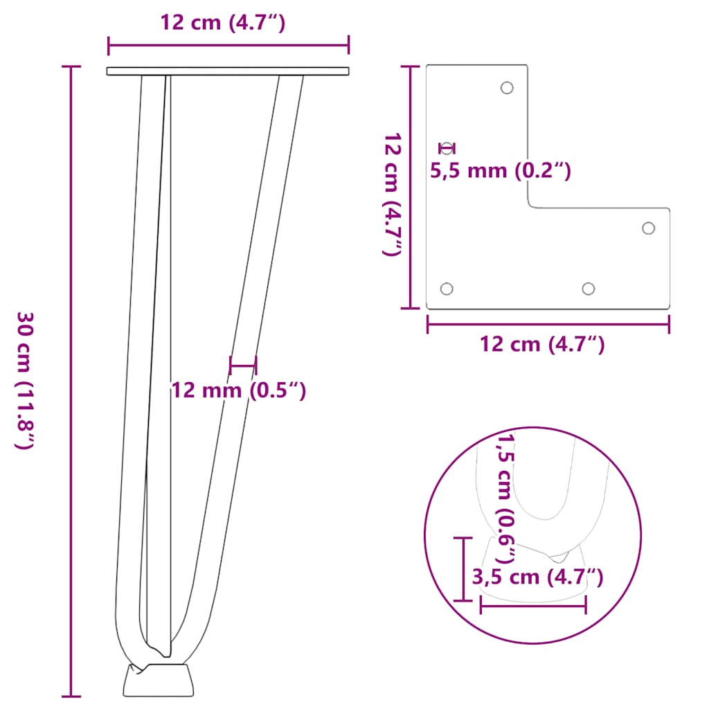 Pieds épingles à cheveux pour table basse, 4 pièces, acier massif, noir, 30 cm
