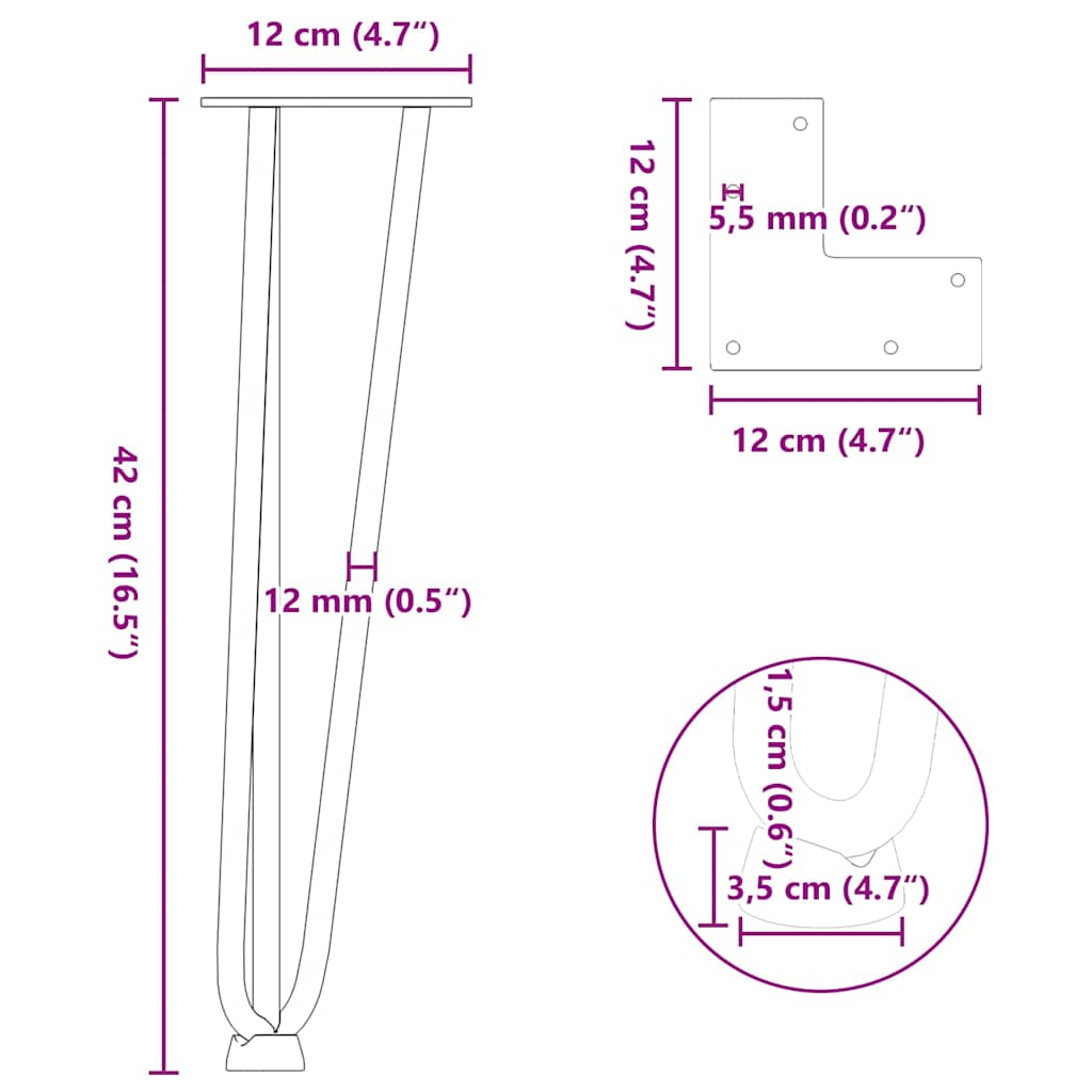 Pieds épingles à cheveux pour table basse, 4 pièces, blanc, 42 cm, acier massif