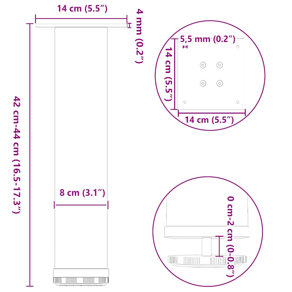 Pieds de table basse, 4 pièces, acier, blanc, 42-44 cm