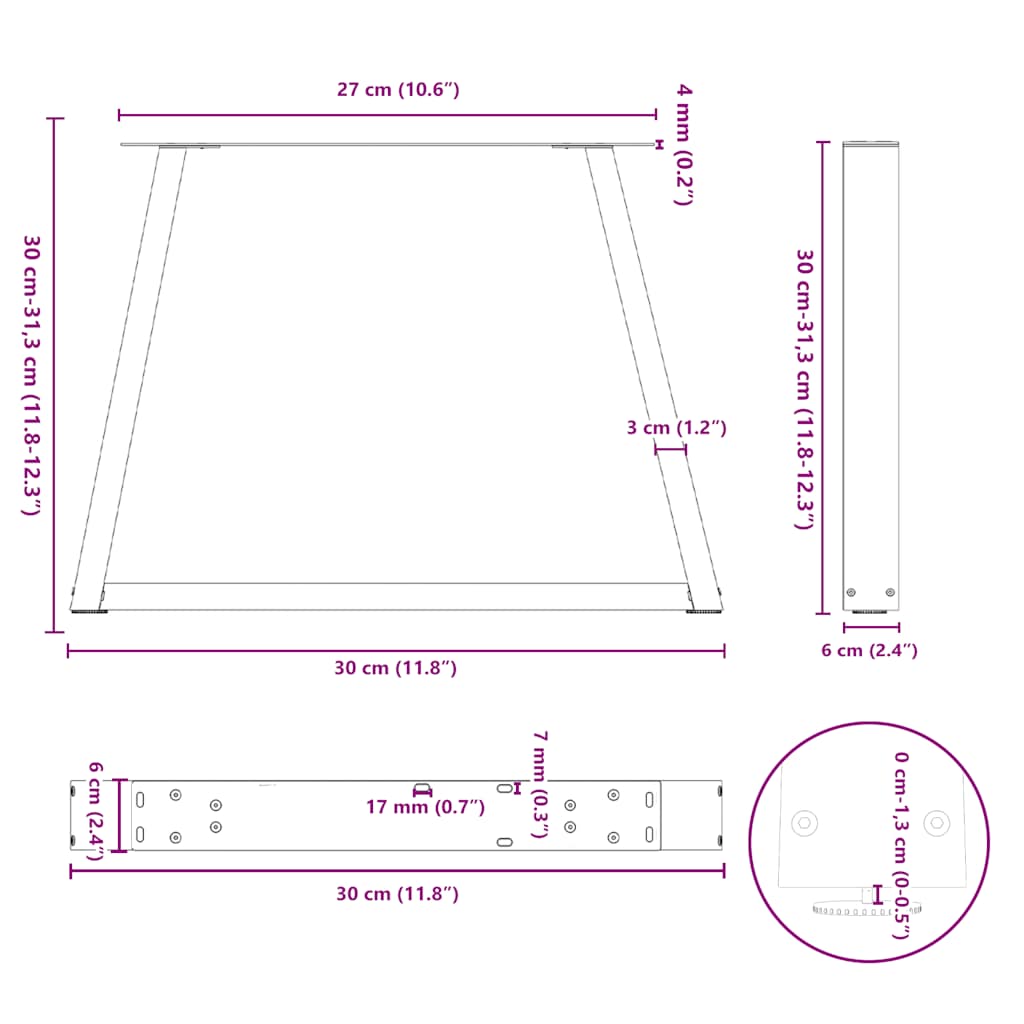 Pieds de table basse en V, 2 pièces, blanc, 30 x (30-31,3) cm, acier