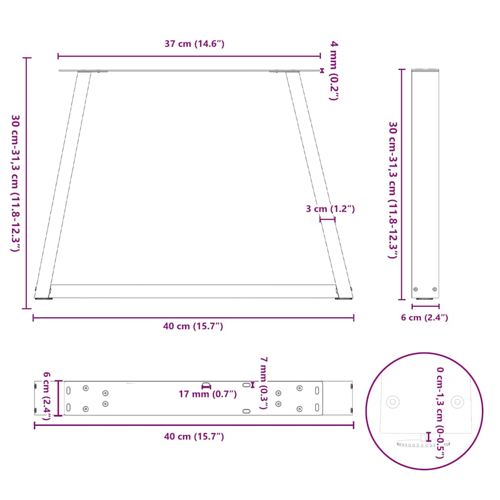 Pieds de table basse en V, 2 pièces, blanc, 40 x (30-31,3) cm, acier