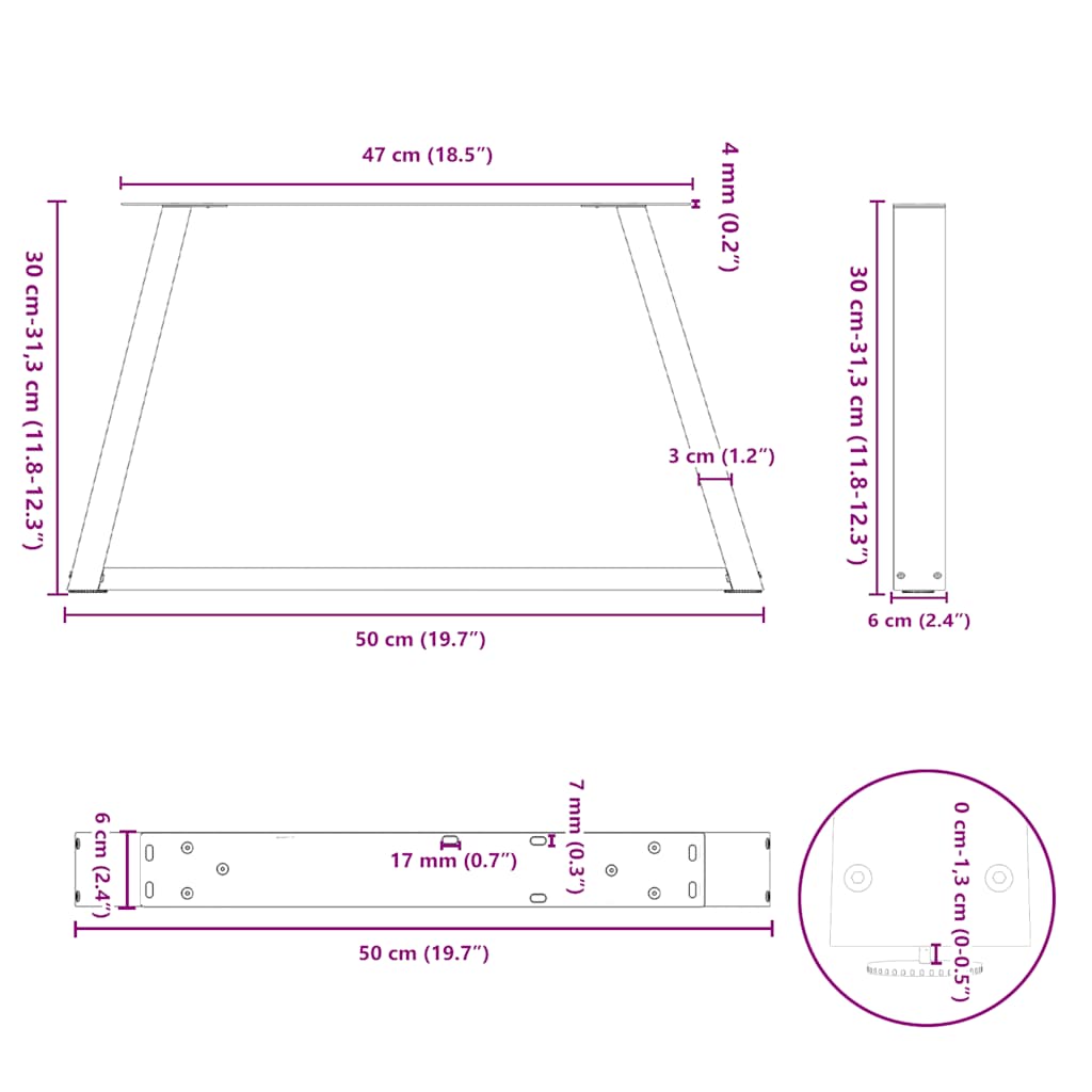 Pieds de table basse en V, 2 pièces, acier naturel, 50 x (30-31,3) cm