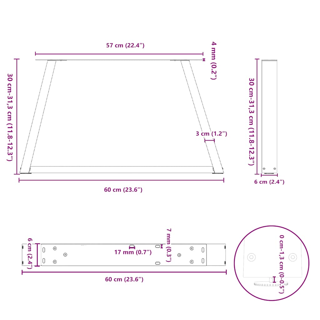 Pieds de table basse en V, 2 pièces, noir, 60 x (30-31,3) cm, acier