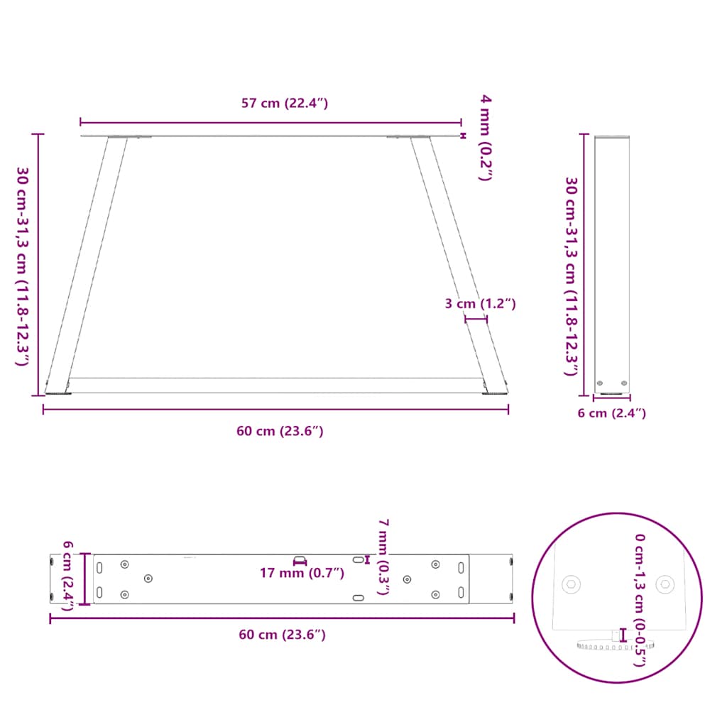 Pieds de table basse en V, 2 pièces, acier naturel, 60 x (30-31,3) cm