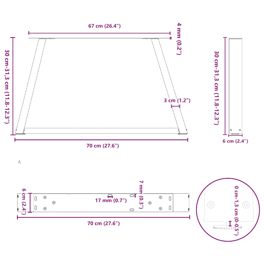 Pieds de table basse en V, 2 pièces, acier naturel, 70 x (30-31,3) cm